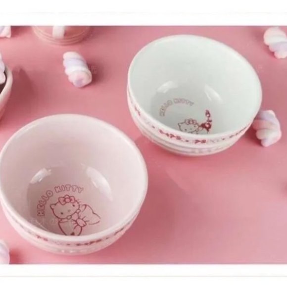 Le Creuset x Hello Kitty light pink white bow rice Bowl set of 2 nwt - Picture 6 of 14